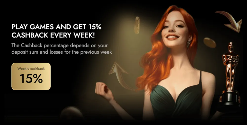 Baner promocyjny Oscar Spin 15% tygodniowego cashbacku z figurk膮 Oscara